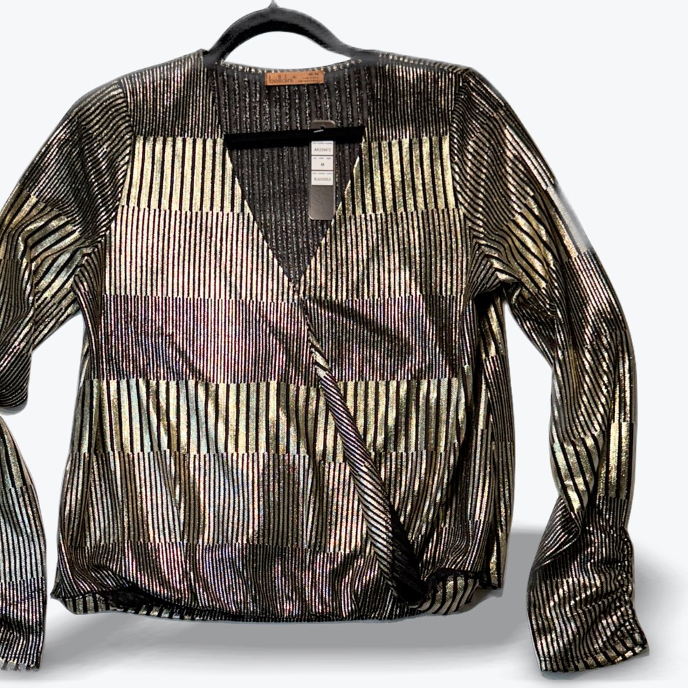 Belldini Blouse Striped Surplice Metallic Gold Black Womens Medium NWT